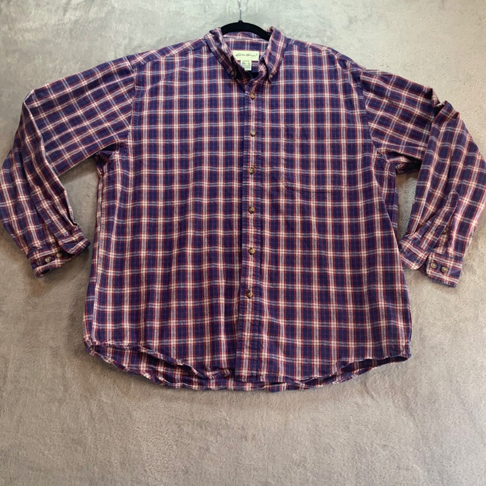 Eddie Bauer Mens Large Heavy Weight Twill Plaid Button Down Shirt Navy Red Y2K